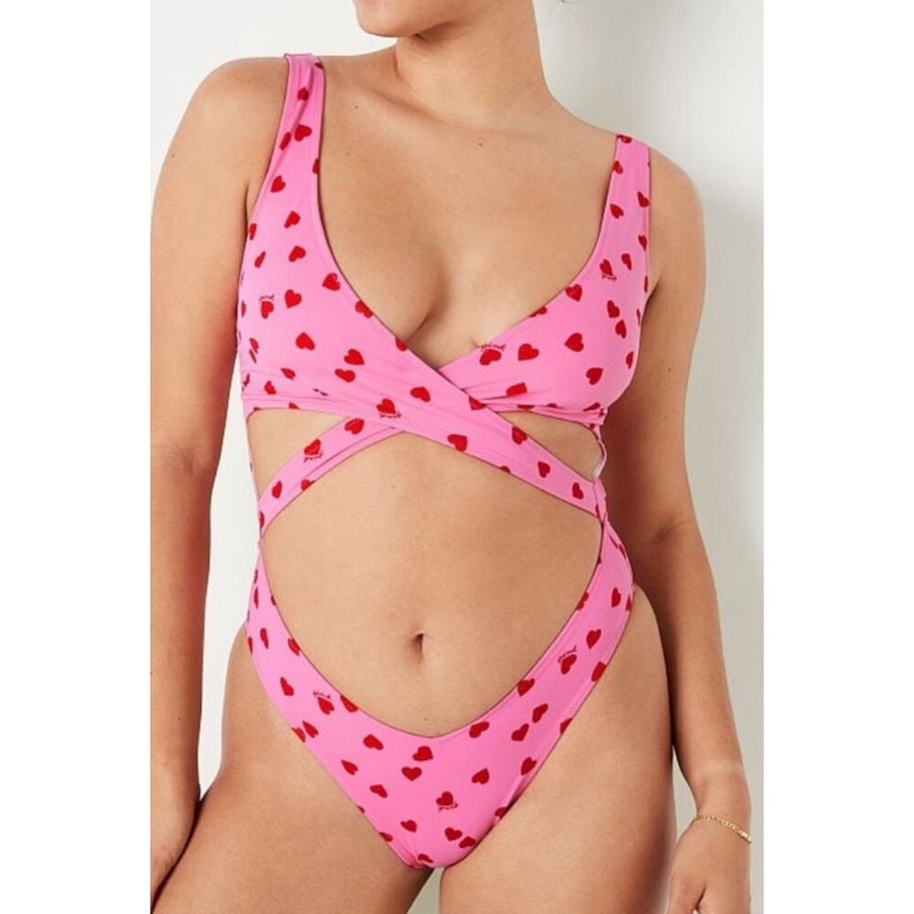 Victoria’s Secret One Piece L Pink Hearts Wrap Swimsuit Suni Cheeky
